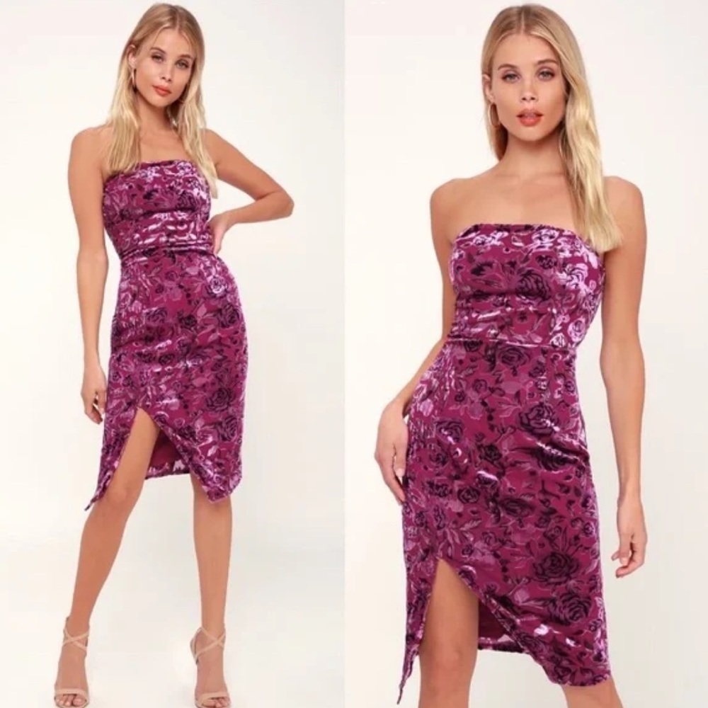 Lulu’s There She Rose Magenta Floral Print Velvet Strapless Dress